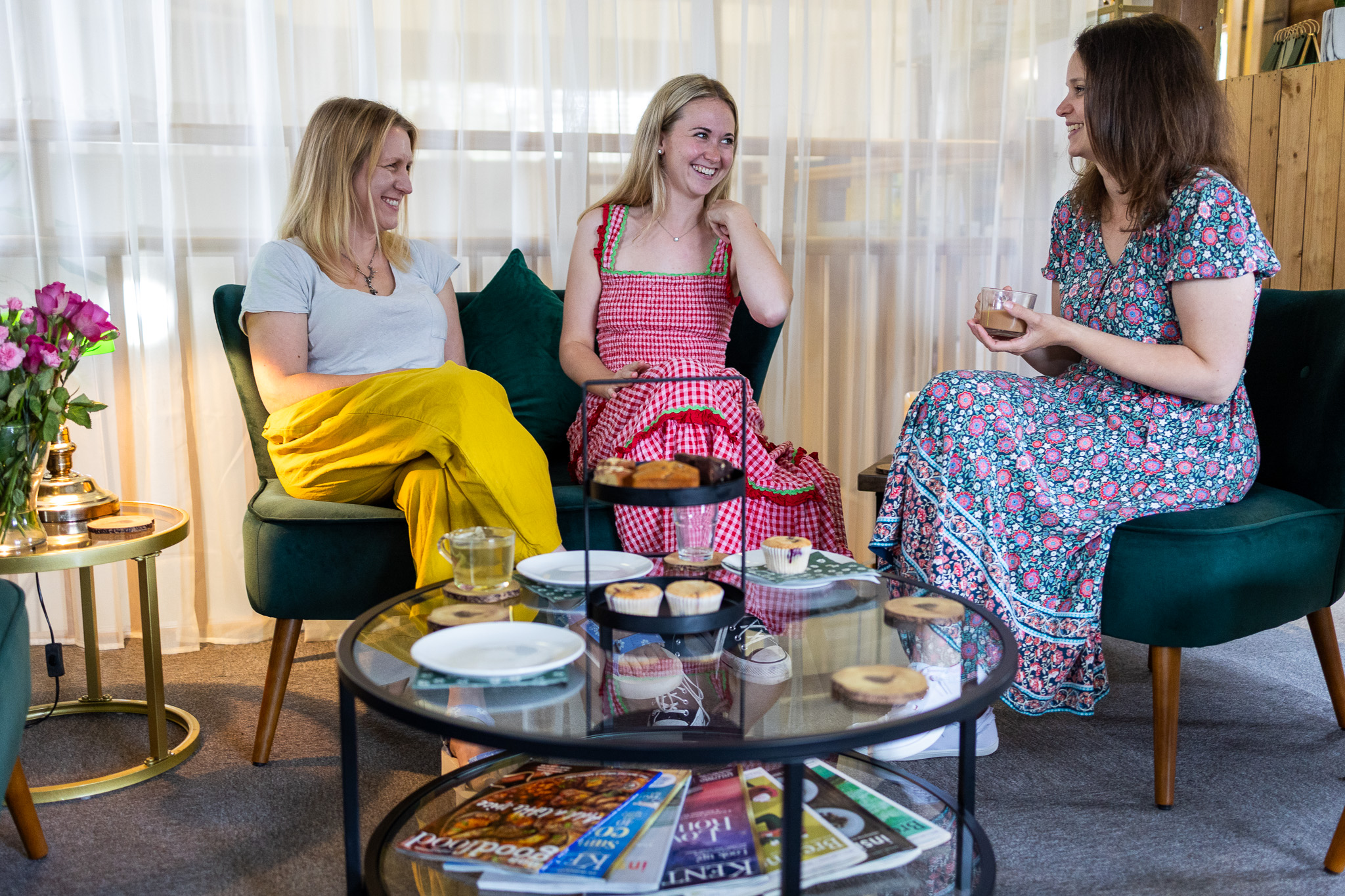 group of friends in waiting area of a spa salon