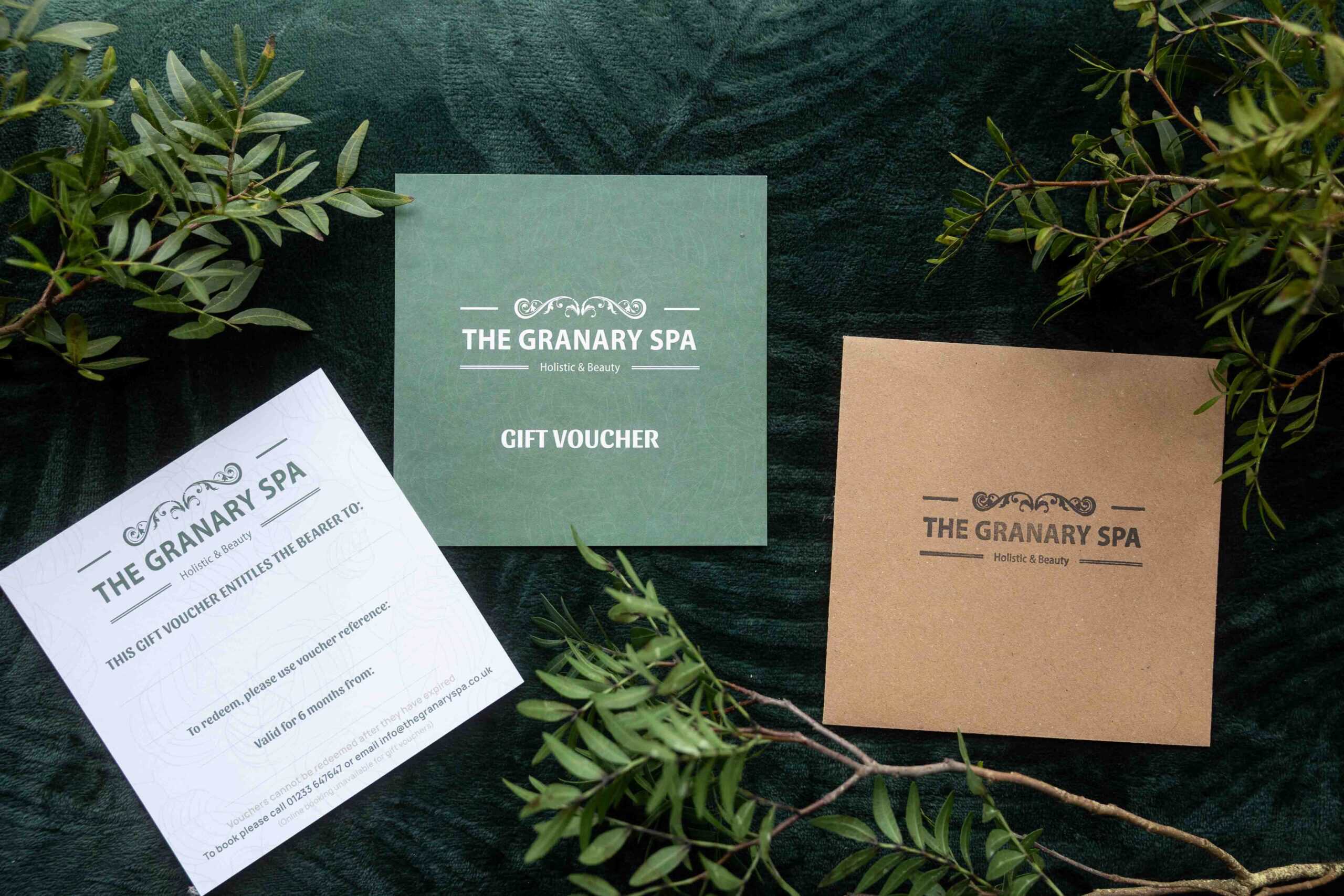 Gift cards laid out in The Granary Spa